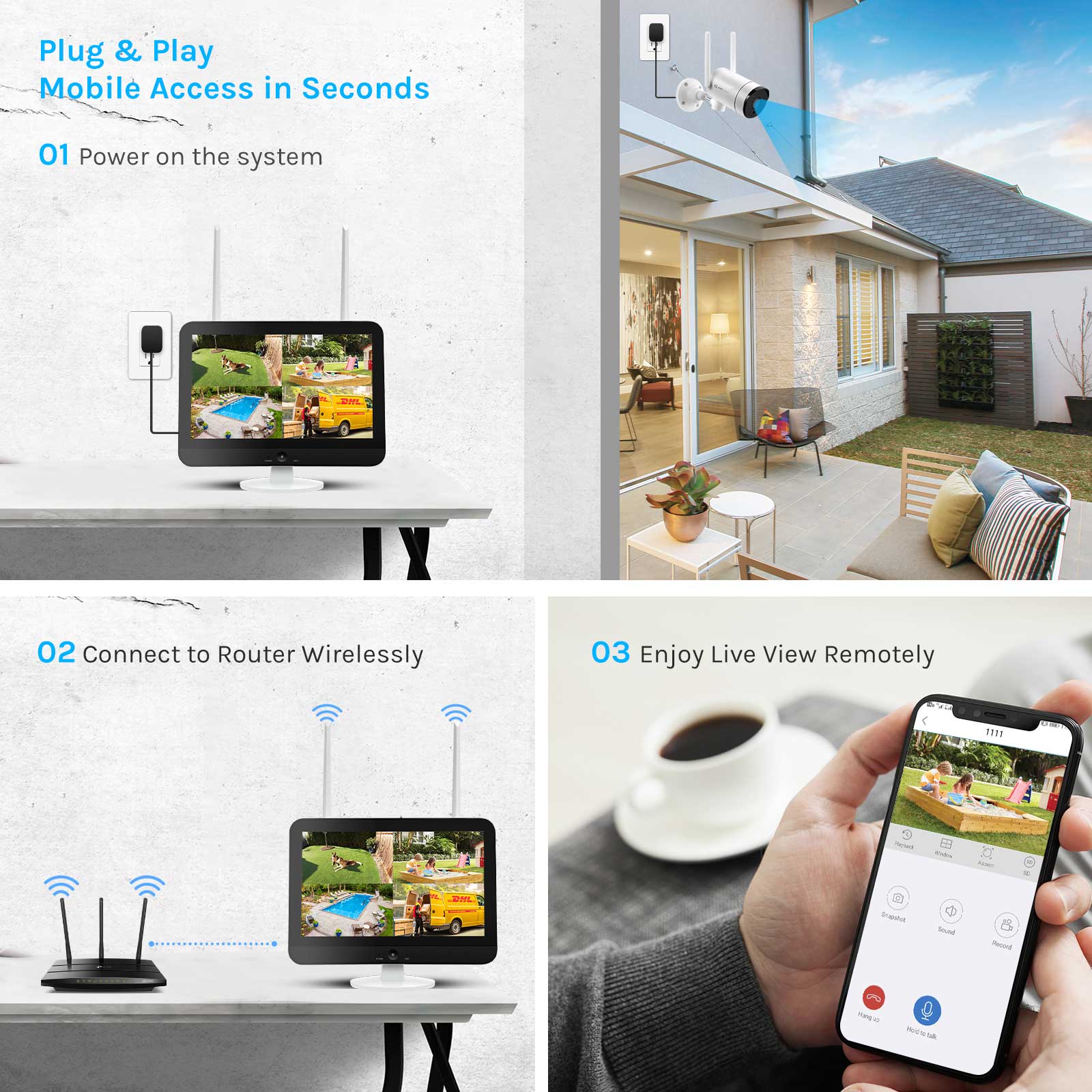 Rotating Security Camera Rounding 2K All-in-One Wireless Rotating Security Camera System with 12